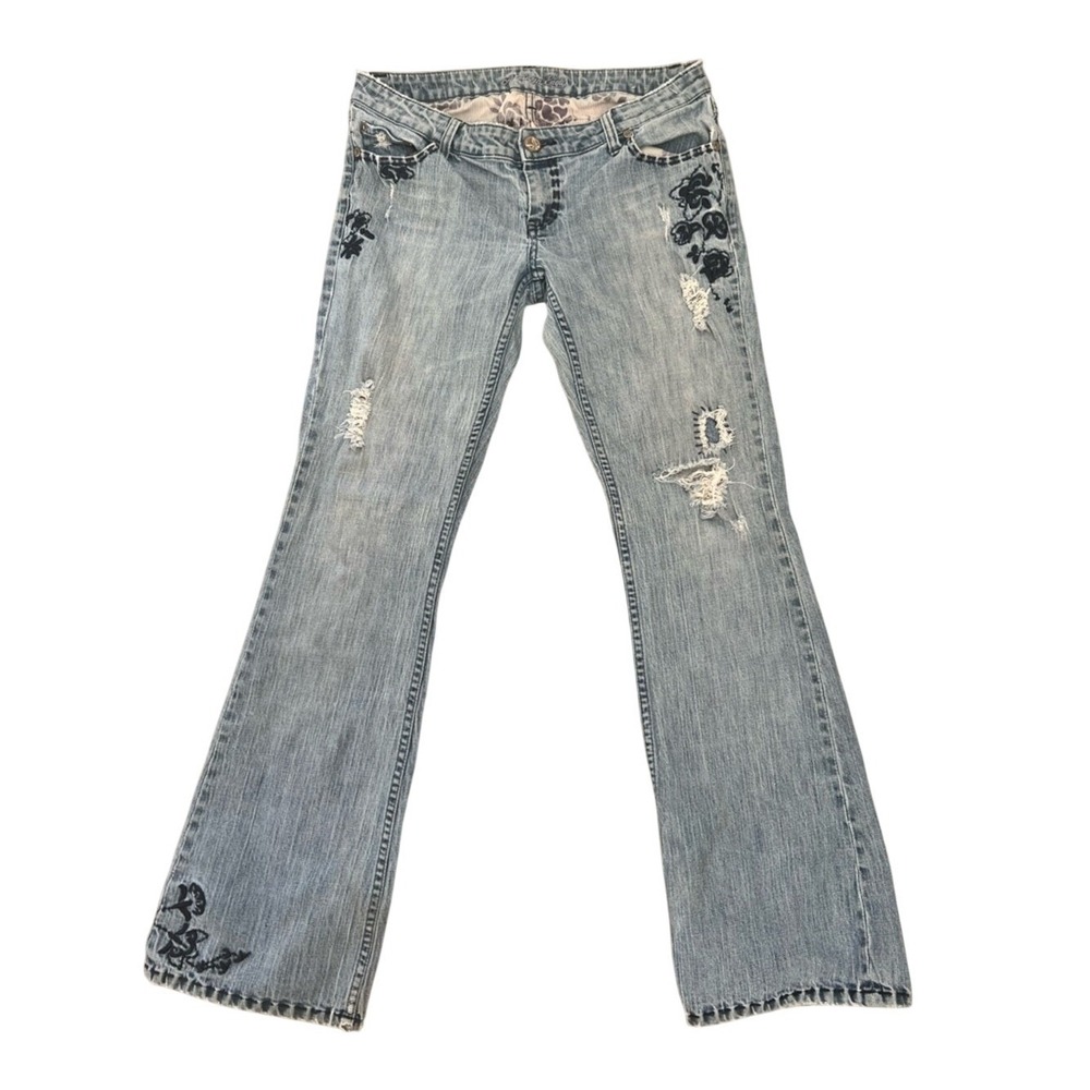 American Eagle Y2K Embroidered Distressed Ultra Low Rise Skinny Flare Leg Jeans